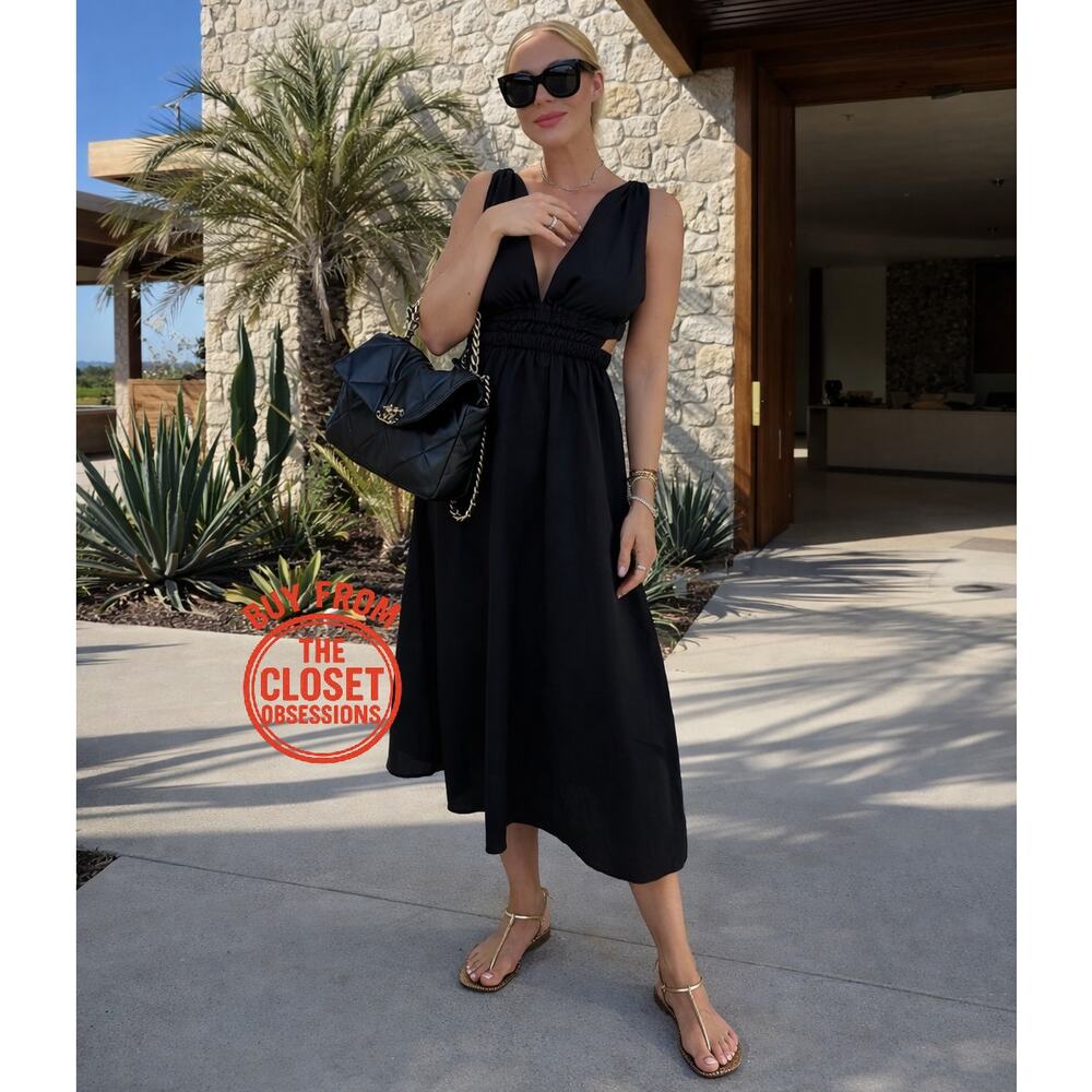 ZARA Black Linen Blend Maxi Dress NWT V Neck Resort Vacation Dress M - Picture 8 of 16